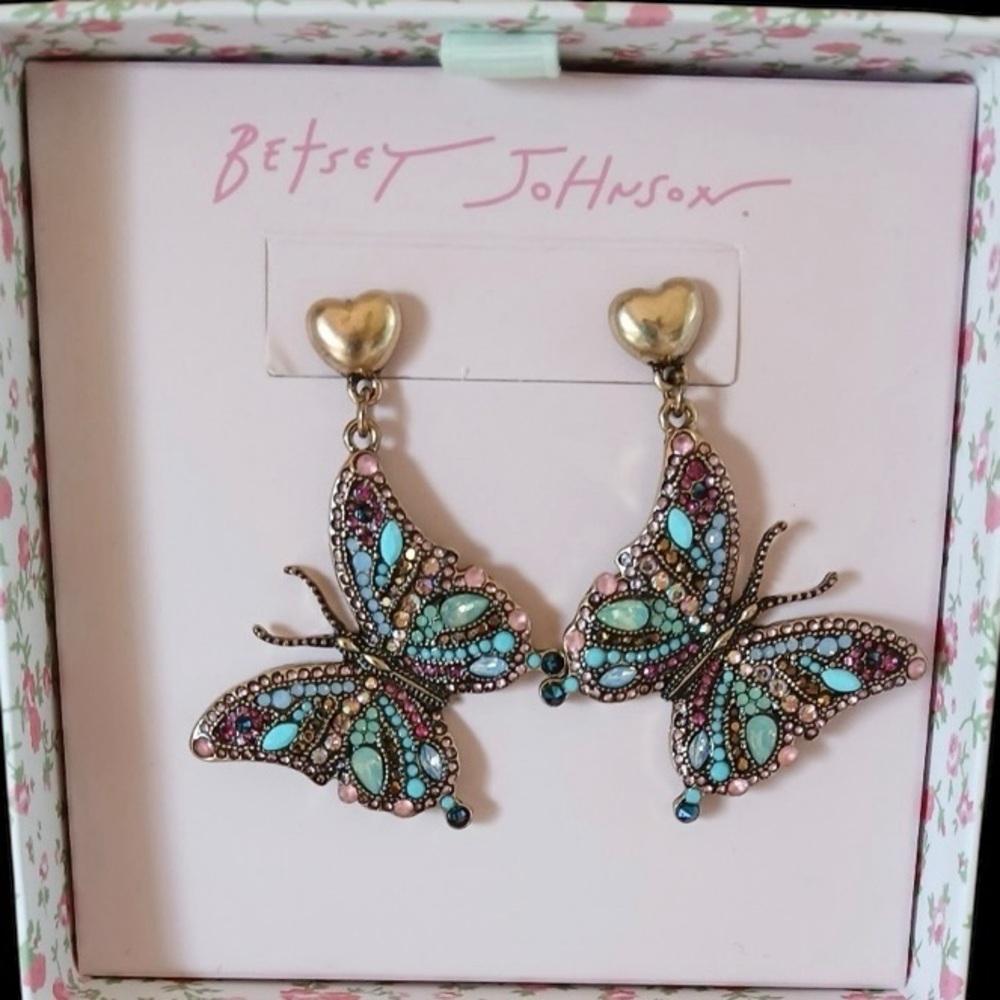 BETSEY JOHNSON Stone and Crystal Encrusted Boho Bling Dangle Butterflies NEW NWT